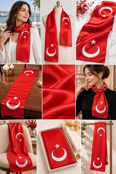 Türk Bayrağı Desenli Kırmızı Saten Fular 30x130 cm – Ay Yıldızlı Resmi Organizasyon Kurumsal Tören Stil - Detay