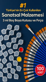Boyama Başlangıç Seti 100’lü 3ml Boya Kutusu ve 100’lü Fırça, okul ve atölye kullanımı için ideal sanatsal malzeme seti. Sızdırmaz boya kapları ve mavi saplı fırçalar ile hobi ve eğitim amaçlı kullanıma uygundur.