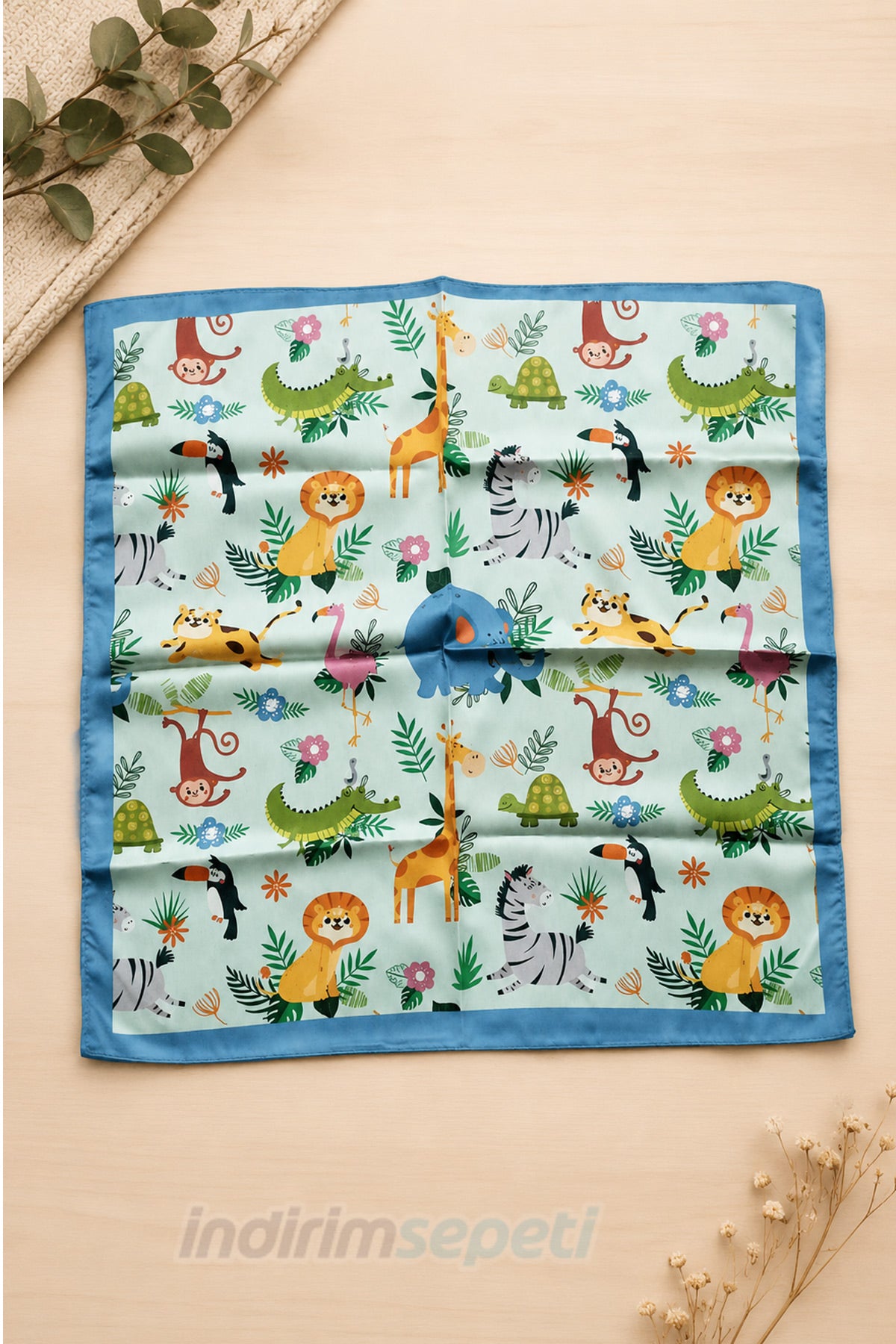 Safari Hayvan Desenli Çocuk Bandanası & Fular | 50x50 cm Saten İpeksi Kumaş | Sevimli Jungle Tasarım
