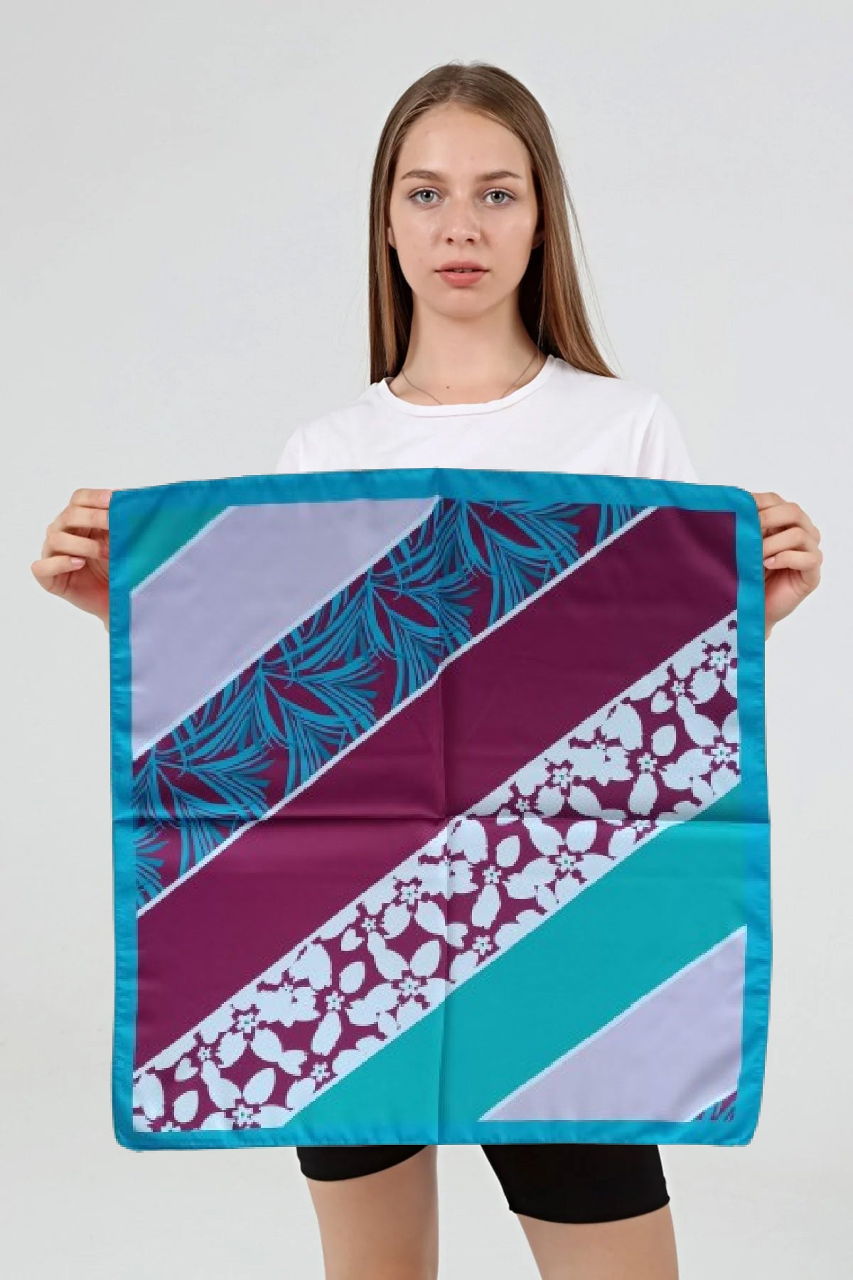 Fular Bandana Bordo Mavi Desenli Rayon Viskon Saten - Indirimsepeti