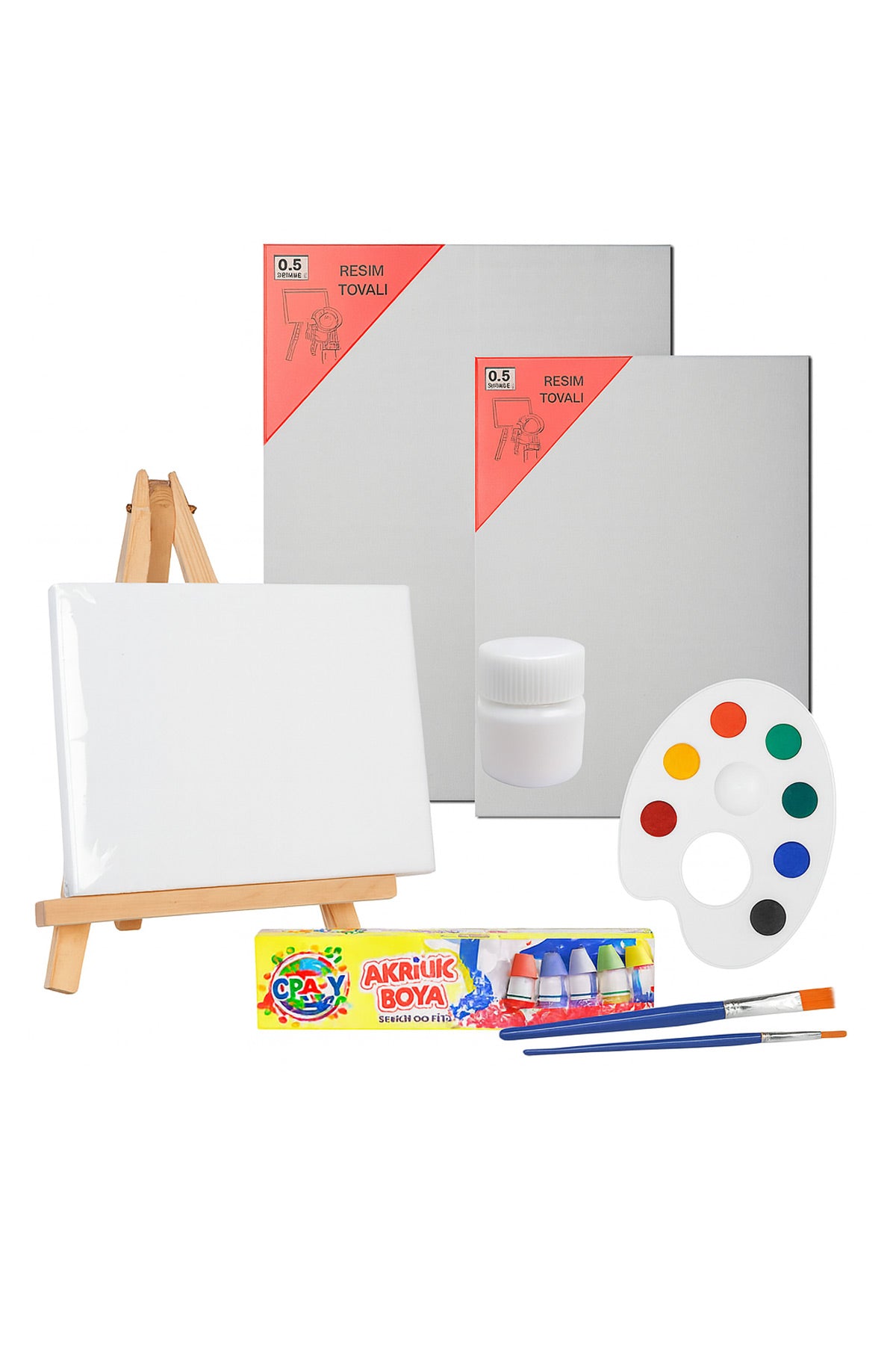 Resim Boya Seti Mini Masa Şövalesi, 2 Tuval, Resim Verniği, Akrilik Boya Palet