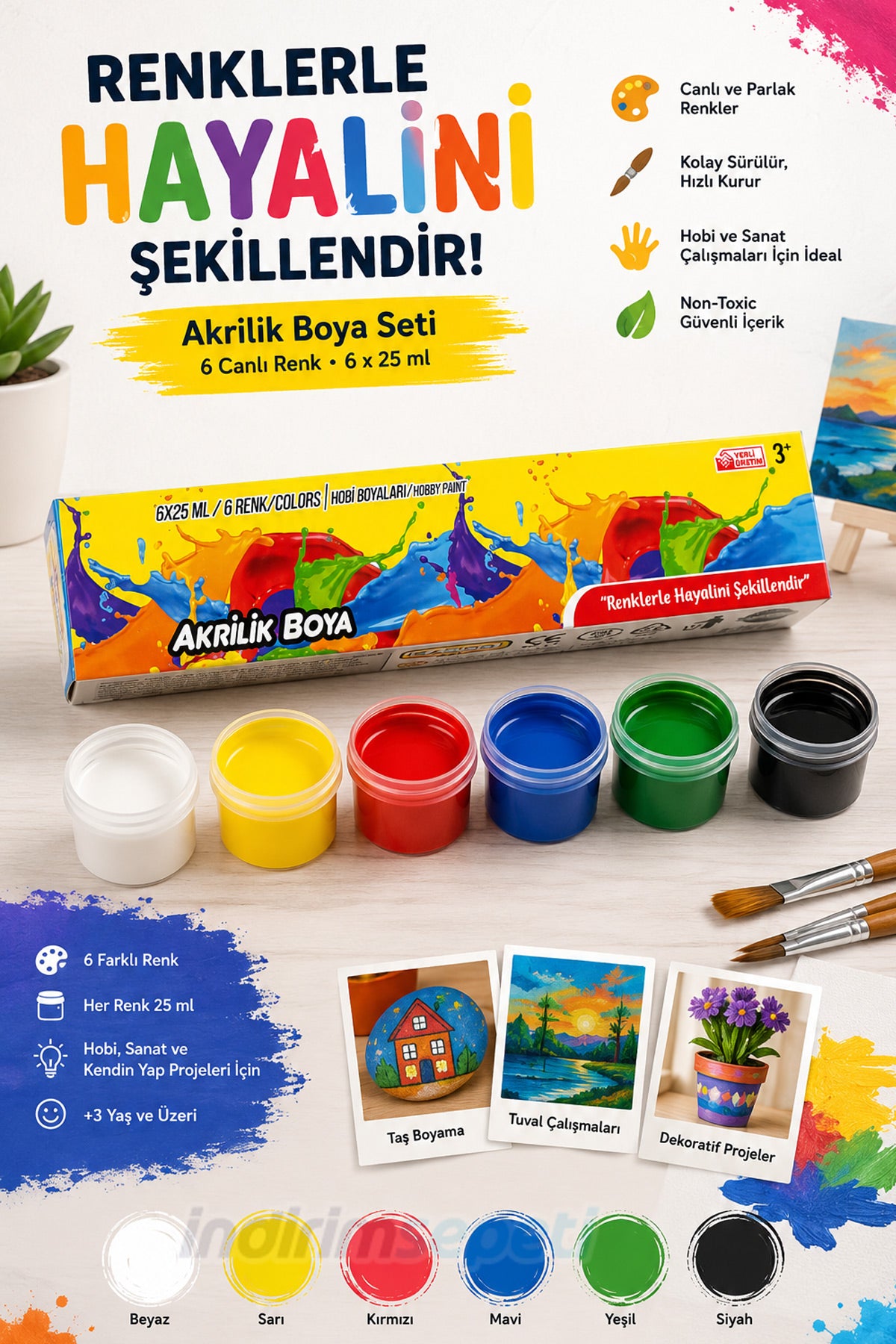 6 Renk Akrilik Boya Seti 6x25 ml Çocuklar İçin Hobi ve Resim Boyası