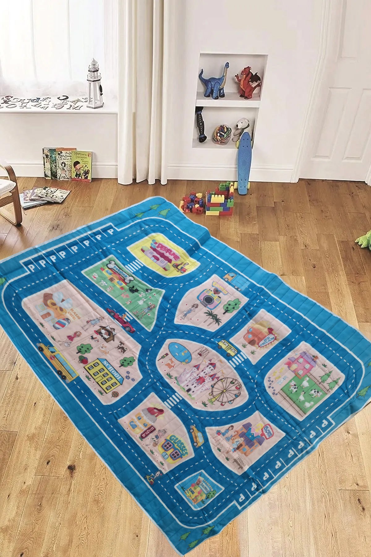 Araba Yollu  Ev Okul Petshop Eğitici Oyun Eğlence Halısı Eva Kumaş Kaymaz Taban Çocuk Odası Halısı 115x135 cm - Indirimsepeti