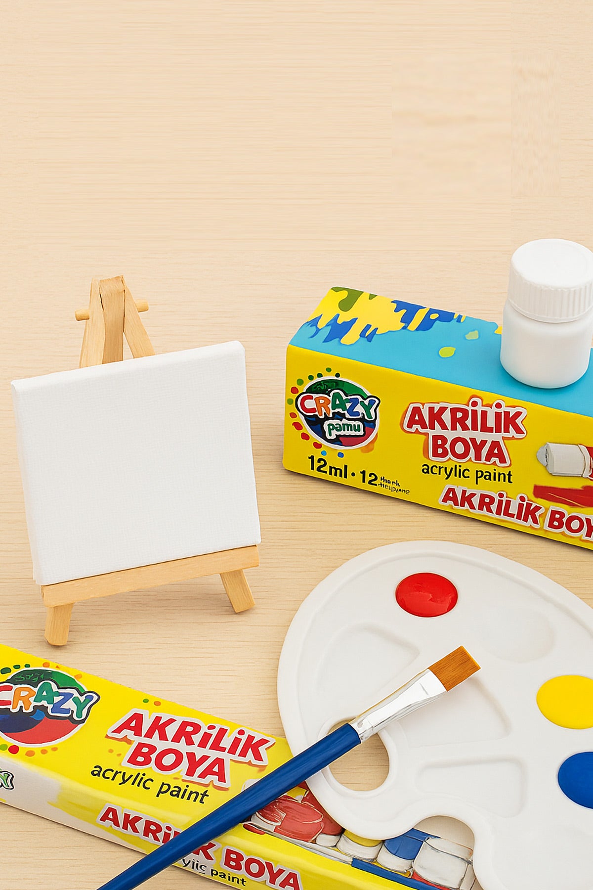 Resim Boya Seti Mini Masa Şövalesi, 2 Tuval, Resim Verniği, Akrilik Boya Palet