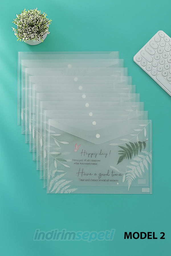 A4 Dosya Çantası – Morandi Şeffaf Plastik Çıtçıtlı Evrak ve Bilgi Çantası Happy Day Fern Model 2
