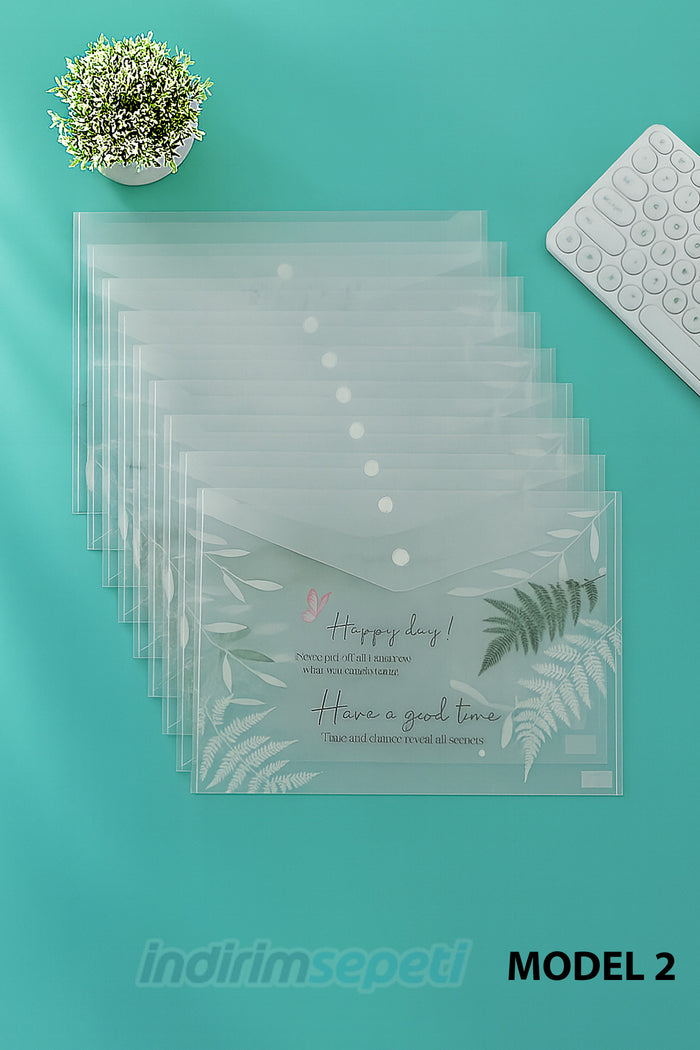 A4 Dosya Çantası – Morandi Şeffaf Plastik Çıtçıtlı Evrak ve Bilgi Çantası Happy Day Fern Model 2