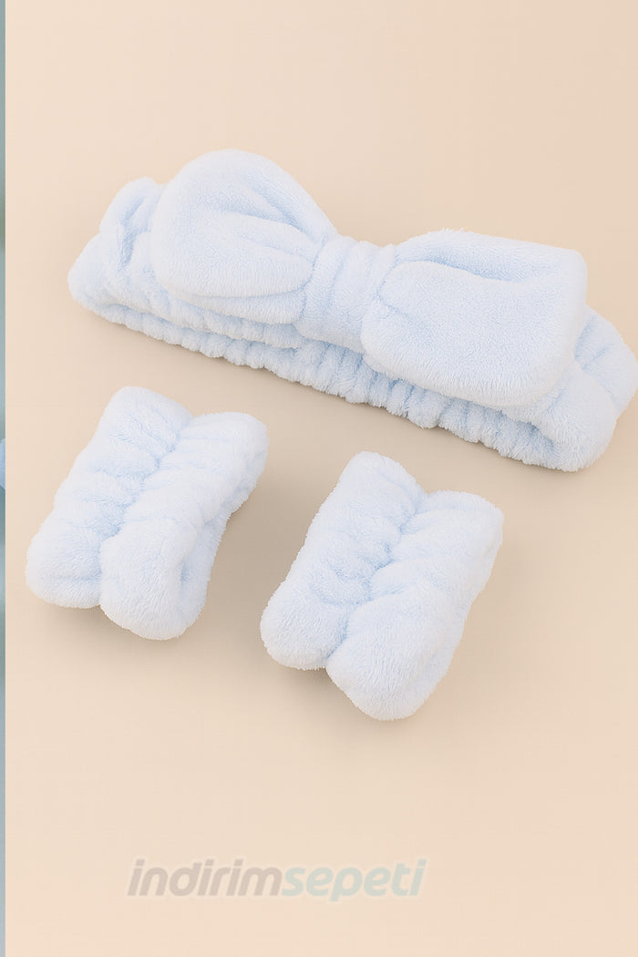 Peluş Açık Mavi Makyaj Bandı + 2’li Su Akıtmaz Bileklik Seti (3’lü) – Soft Spa Yüz Yıkama ve Cilt Bakım Seti