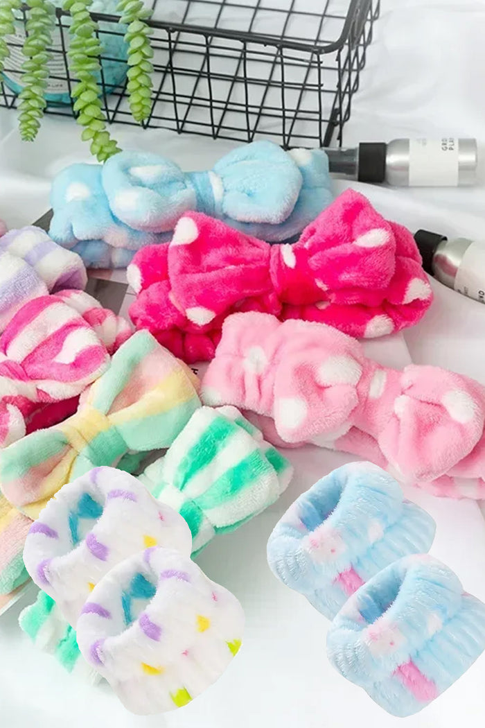 Puantiyeli Süper Soft Spa Takımı 2 Adet Yüz Yıkama Bilekliği, Elastik Saç Bandı Sporcu Spa Bileklik 3'lü Set - Indirimsepeti