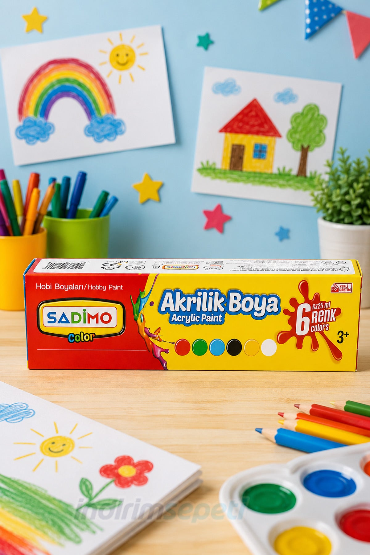 6 Renk Akrilik Boya Seti 6x25 ml Çocuklar İçin Hobi ve Resim Boyası