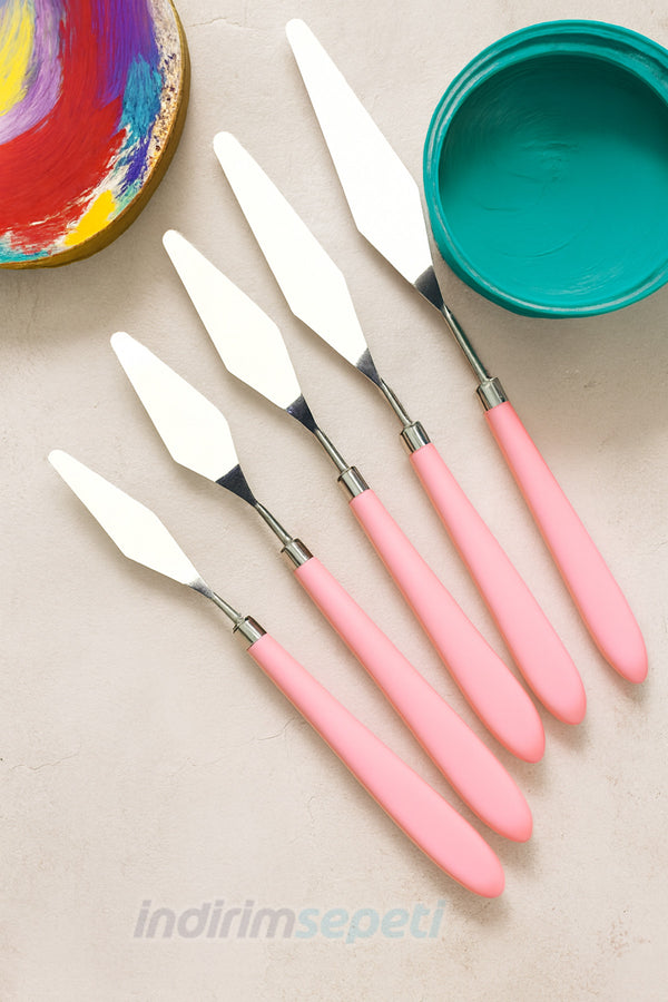 5’li Paslanmaz Çelik Resim Spatula Seti – Sanat ve Hobi İçin Palet Bıçakları – Pembe