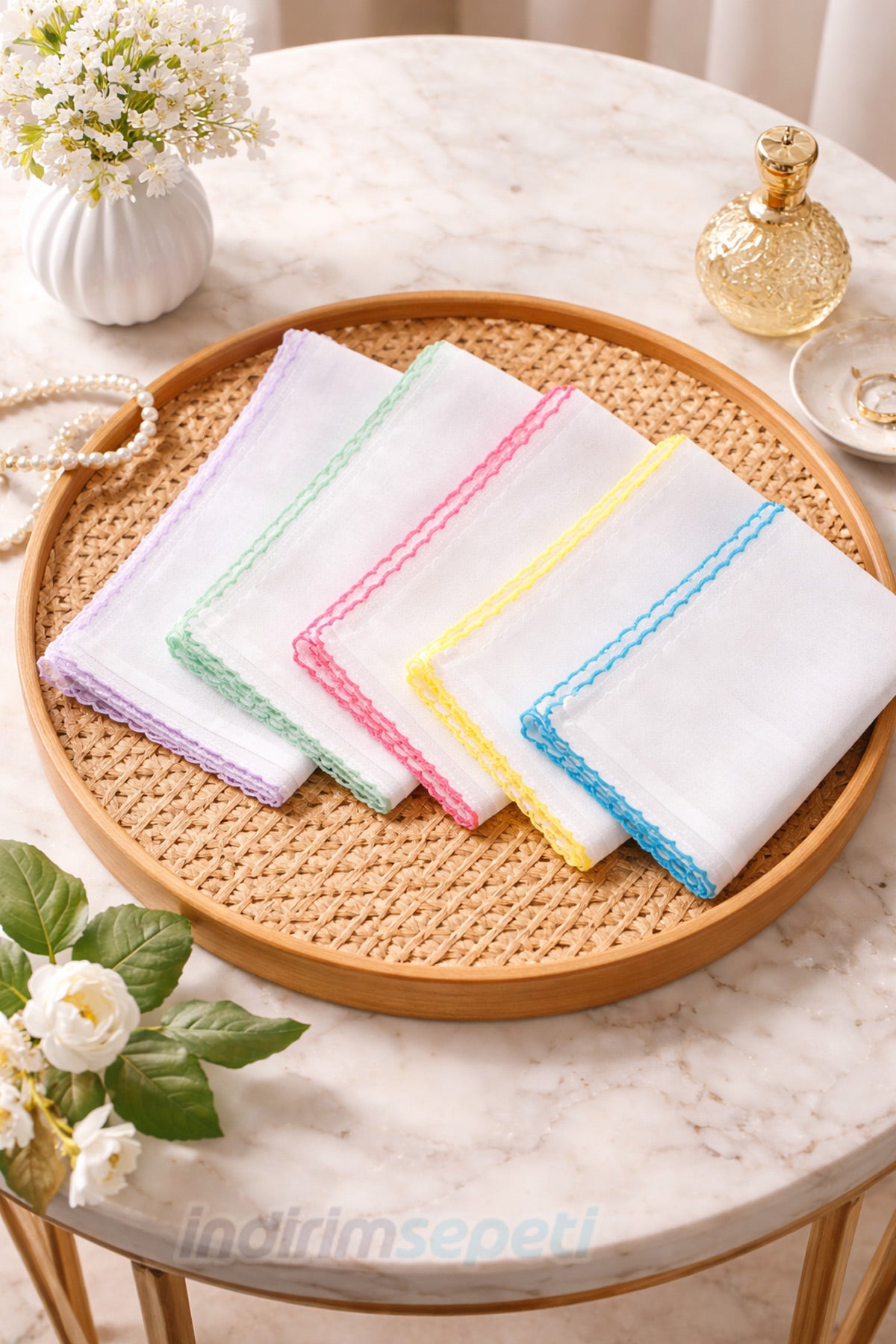 Pamuklu Renkli Oyalı Tülbent 5’li Set | 90x90 cm Kare, Karışık Renk Yumuşak Dokulu