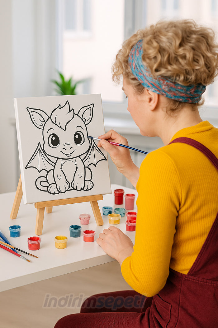 Çocuklar İçin 20x20 cm Çizimli Tuval Boyama Seti – Ahşap Şövale, 6 Renk 3 ml Boya ve Düz Fırça Dahil