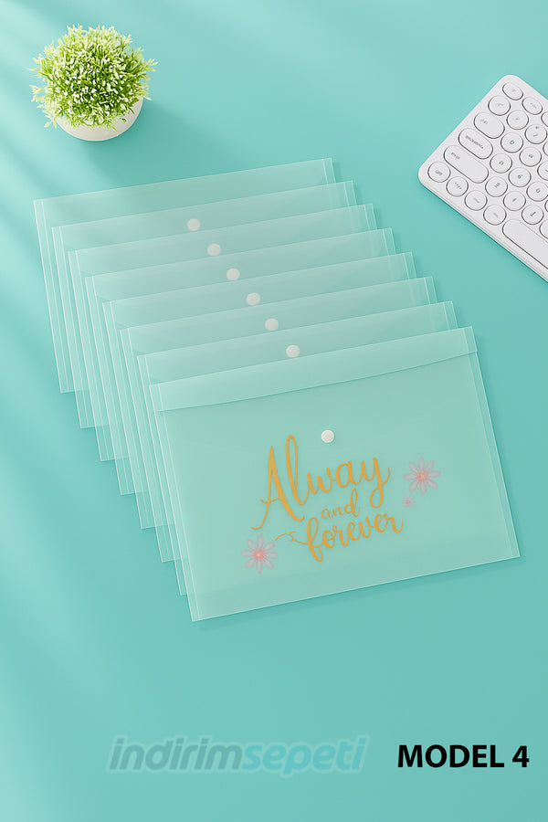 A4 Dosya Çantası – Morandi Mint Şeffaf Plastik Çıtçıtlı Evrak ve Bilgi Çantası Always & Forever Çiçekli Model 4