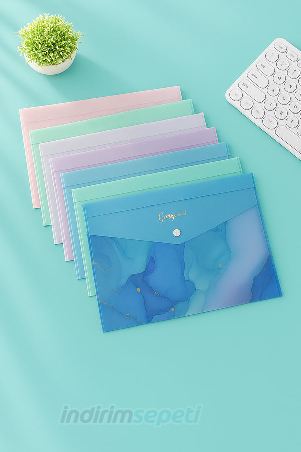 A4 Dosya Çantası – Morandi Dalgalı Geçişli Mermer Desenli Şeffaf Plastik Çıtçıtlı Evrak ve Bilgi Çantası Gorgeous Model 5