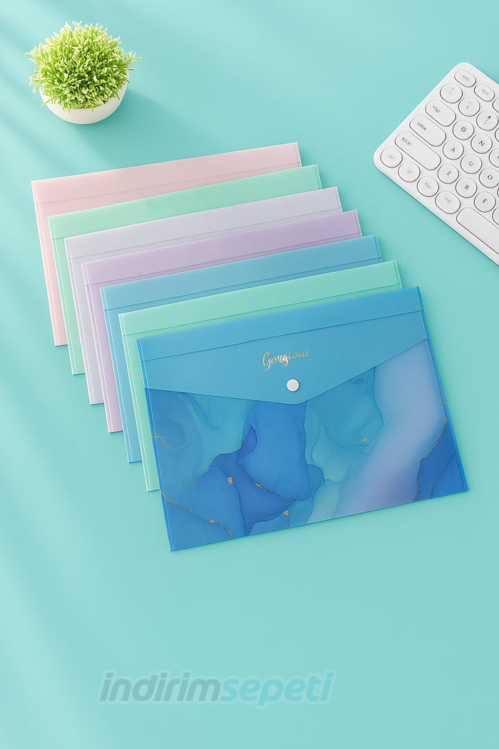 A4 Dosya Çantası – Morandi Dalgalı Geçişli Mermer Desenli Şeffaf Plastik Çıtçıtlı Evrak ve Bilgi Çantası Gorgeous Model 5