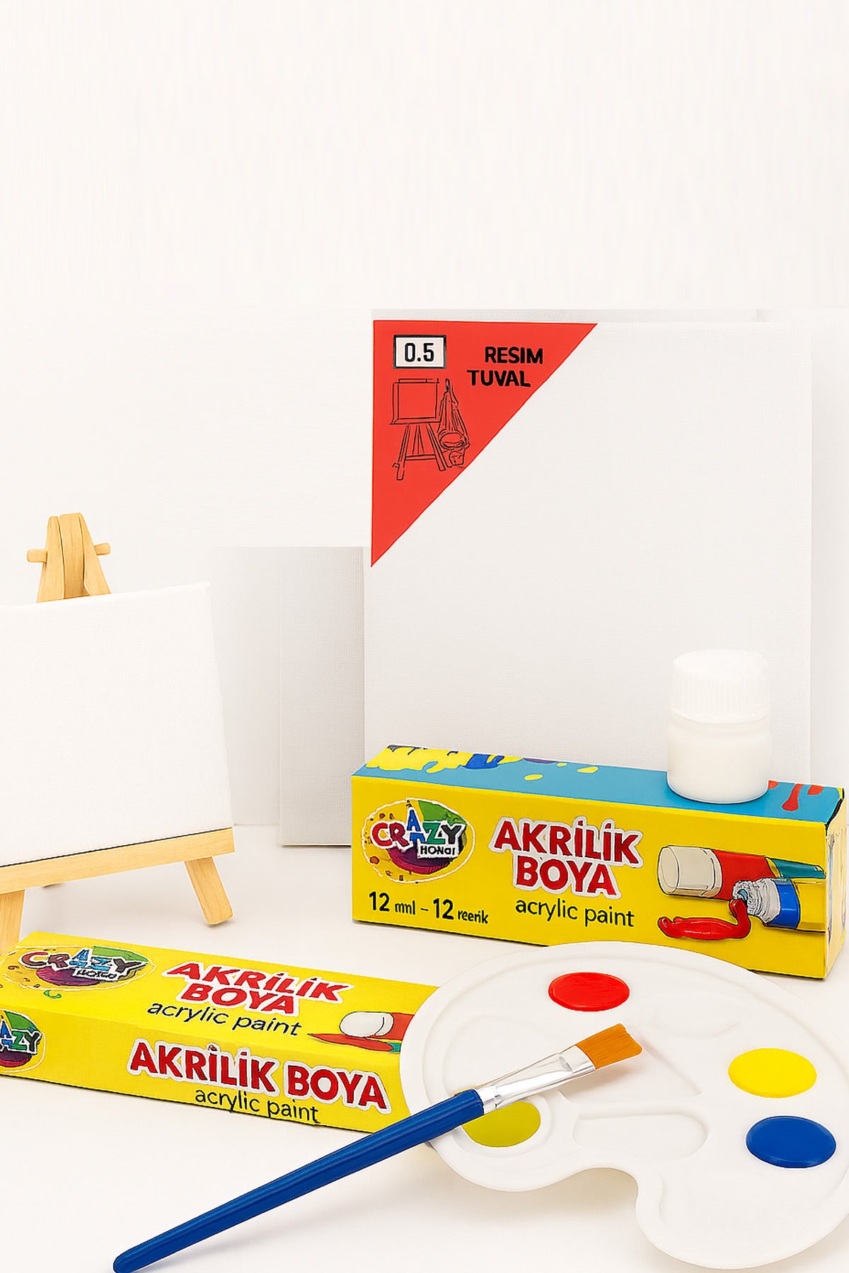 Resim Boya Seti Mini Masa Şövalesi, 2 Tuval, Resim Verniği, Akrilik Boya Palet