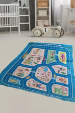 Araba Yollu  Ev Okul Petshop Eğitici Oyun Eğlence Halısı Eva Kumaş Kaymaz Taban Çocuk Odası Halısı 115x135 cm - Indirimsepeti