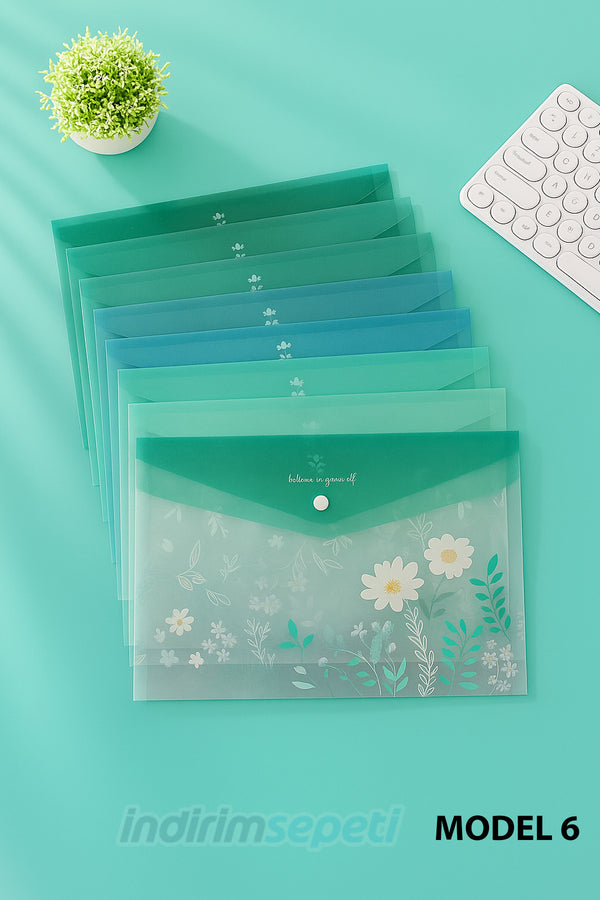 A4 Dosya Çantası – Morandi Yeşil Çiçek Desenli Şeffaf Plastik Çıtçıtlı Evrak ve Bilgi Çantası Model 6