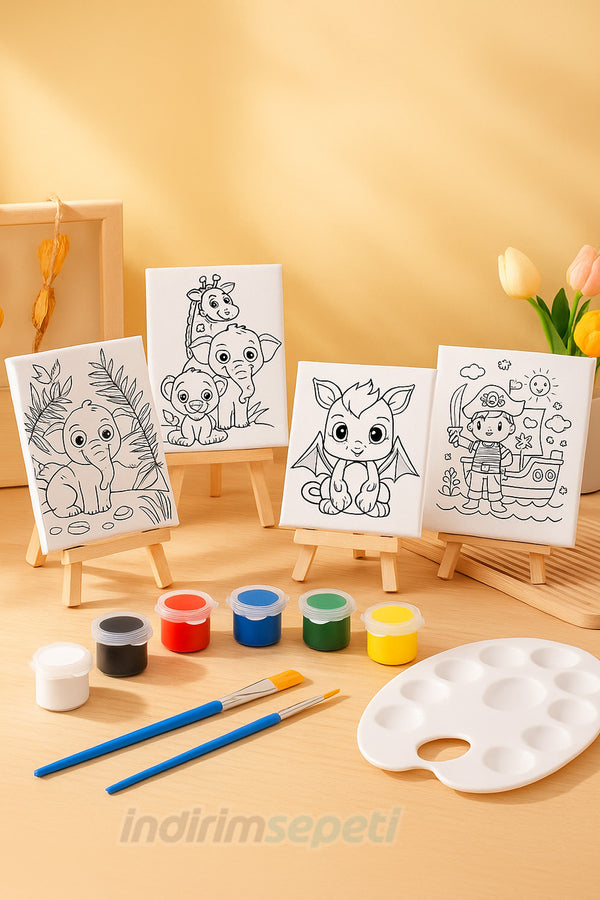 Çocuklar İçin Süper Boyama Seti – Çizimli Tuval, Şövale, 6 Renk Boya, Fırça ve Paletli Komple Set