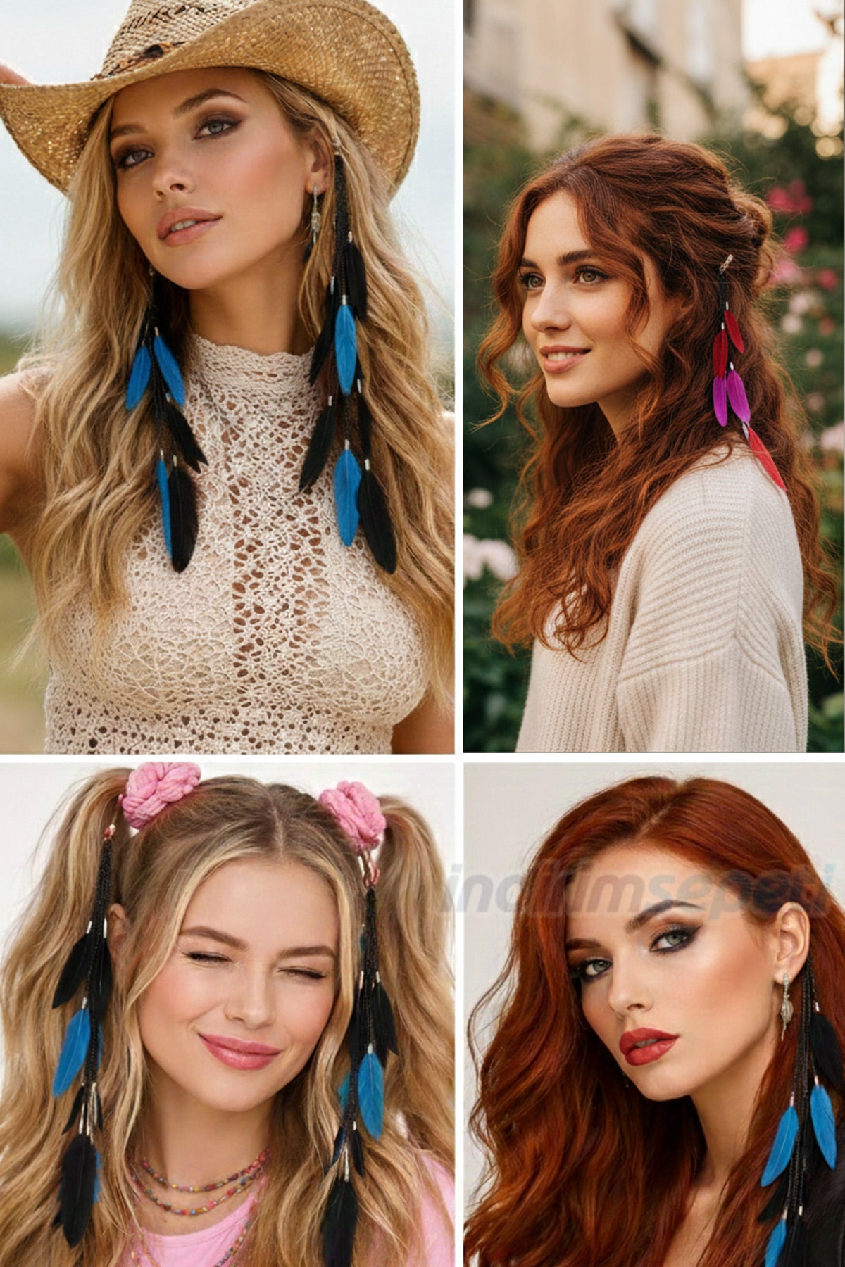 Tüylü Saç Zinciri Rasta Saç İpi Renkli Tüylü Saç Zinciri – Bohem Stil Uzun Saç Aksesuarı 1 Adet Karışık Renk