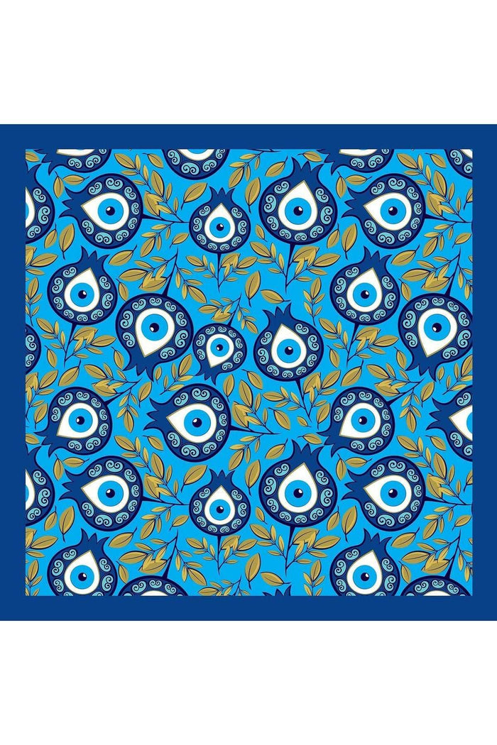 Lale Nazar Desenli Mavi Saten Kumaş Fular Parlak ve Soft ipeksi Bandana - Indirimsepeti
