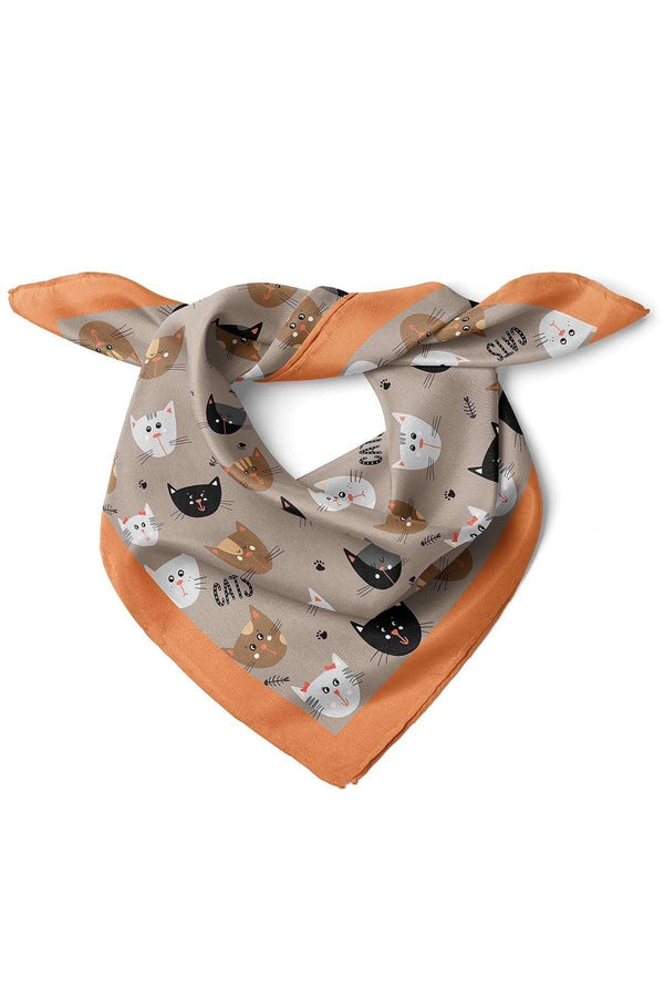 Kedi Desenli  Kahve Saten Kumaş Fular Parlak ve Soft ipeksi Bandana - Indirimsepeti
