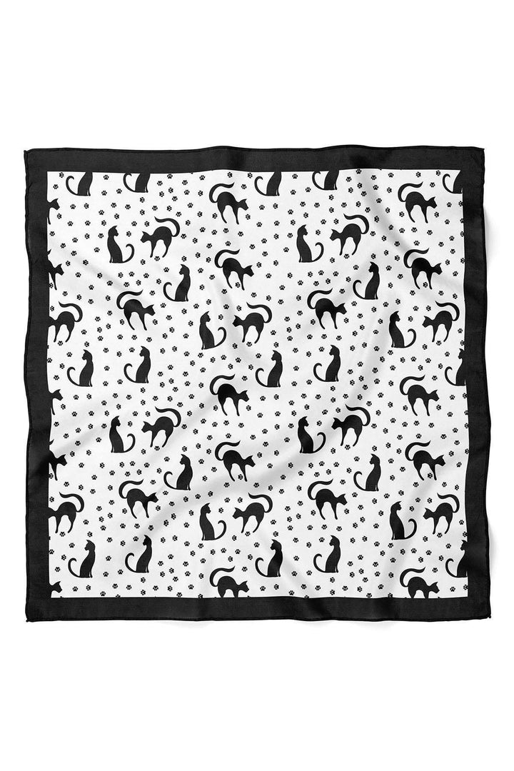 Kedi Desenli Siyah Beyaz Saten Kumaş Fular Parlak ve Soft ipeksi Bandana