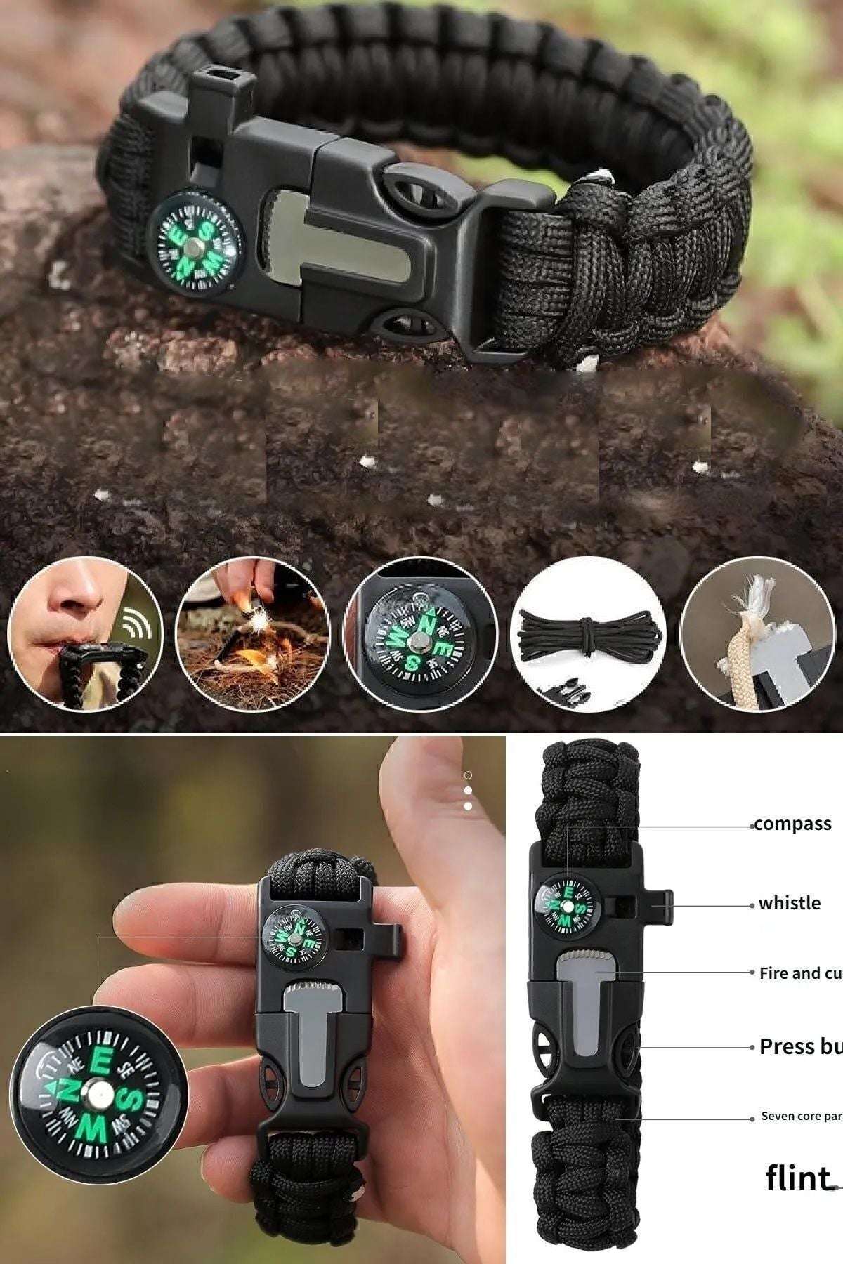 Survival Pusulalı Hayatta Kalma Bilekliği Kamp Bileklik Düdük Çok Amaçlı Outdoor Aksesuar Kit Askeri - indirimsepeti