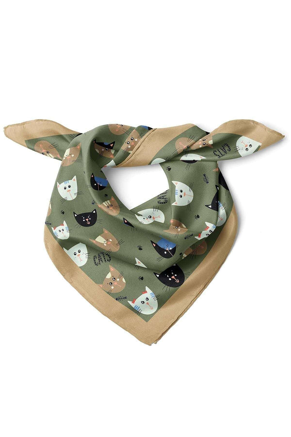 Köpek Desenli Haki Saten Kumaş Fular Parlak ve Soft ipeksi Bandana - Indirimsepeti