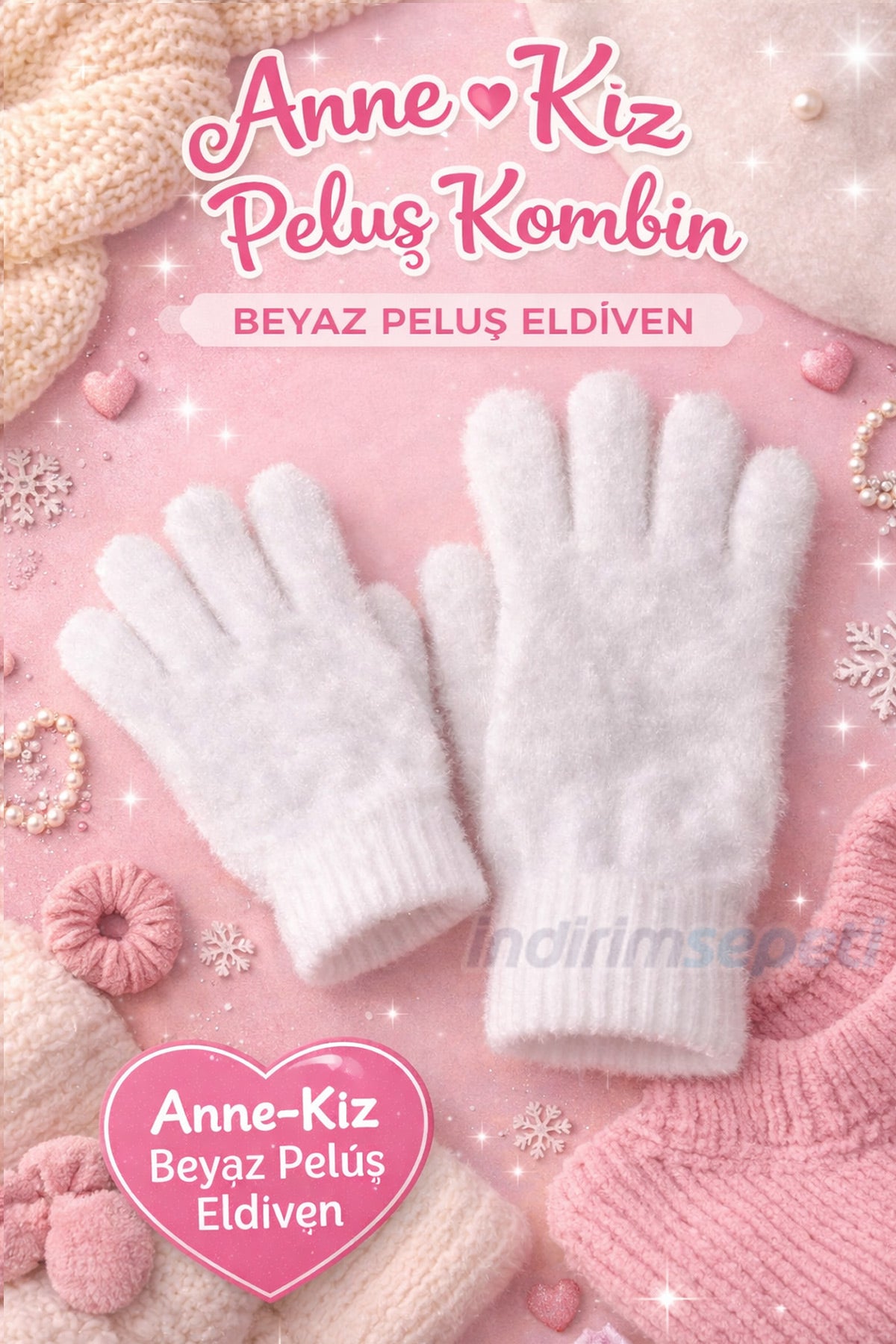 Anne Kız Peluş Eldiven Kombini – 2 Çift Beyaz Yumuşak Kışlık Eldiven | Sıcacık & Şık