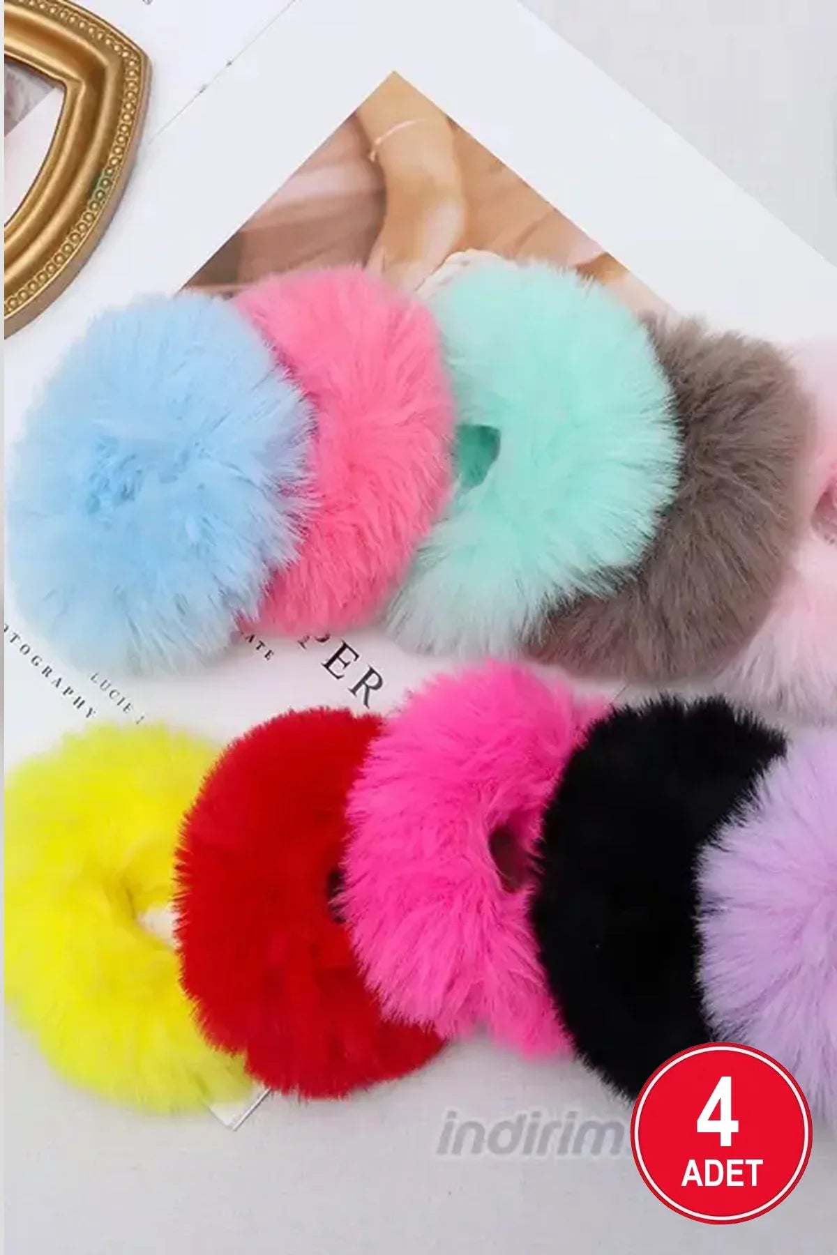 Kadın Renkli Pelüş Tüylü Saç Lastik Toka 4 Adet - Indirimsepeti