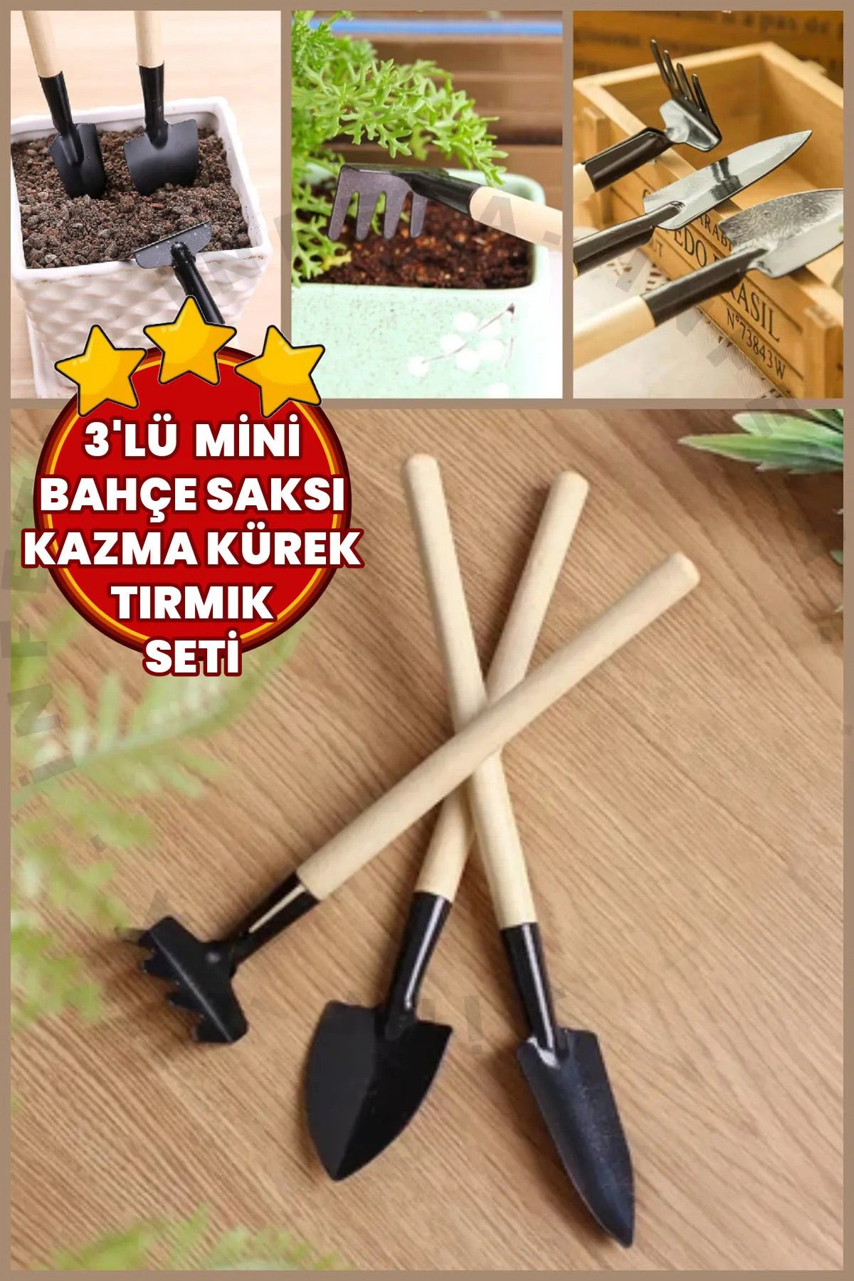 3'lü Metal Bahçe Seti Tırmık Çapa Kürek Mini Bahçe Seti Şık Tasarım Saksı Bakım Seti - Indirimsepeti