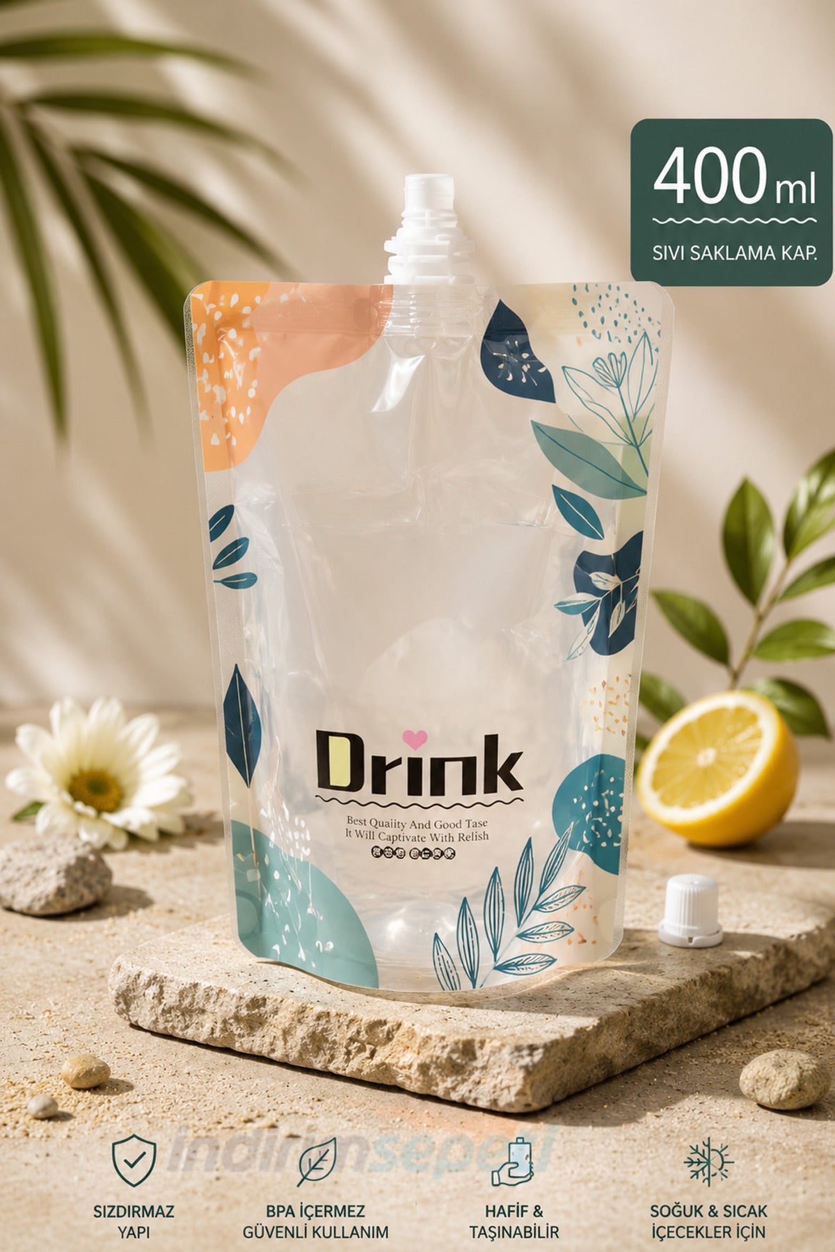 350-400 ML Kapaklı Şeffaf İçecek Poşeti | Yeniden Kullanılabilir Meyve Suyu & Soğuk İçecek Saklama Kabı