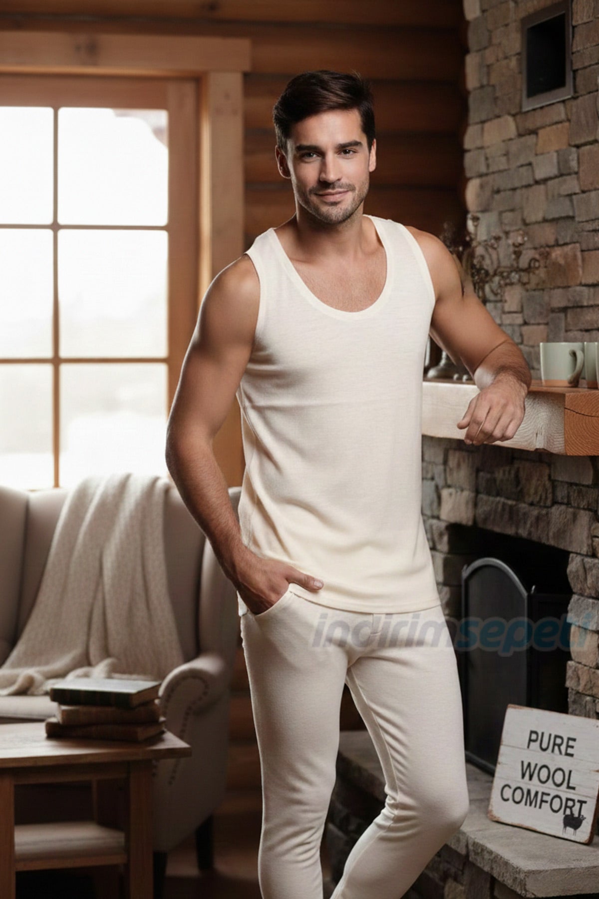 Erkek Krem Yün Atlet – %75 Yün %25 Akrilik, 4 Mevsim Nefes Alan Rahat içlik Fanila