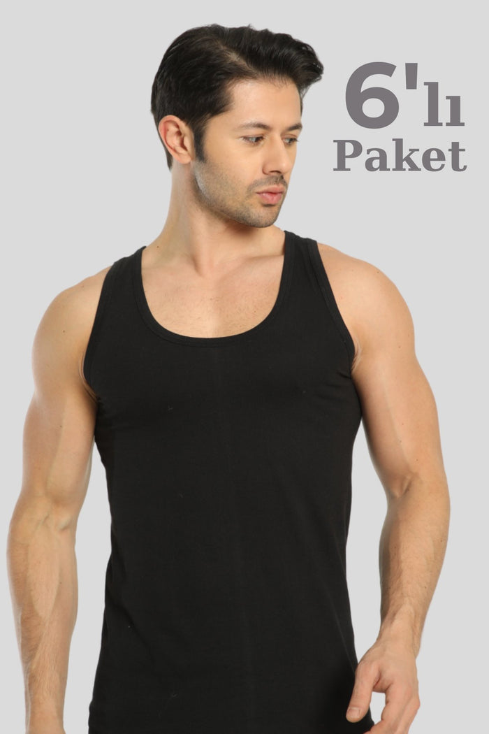 Erkek Beyaz Atlet 6'lı Paket – %100 Pamuklu Süprem Kumaş Klasik Siyah - Indirimsepeti