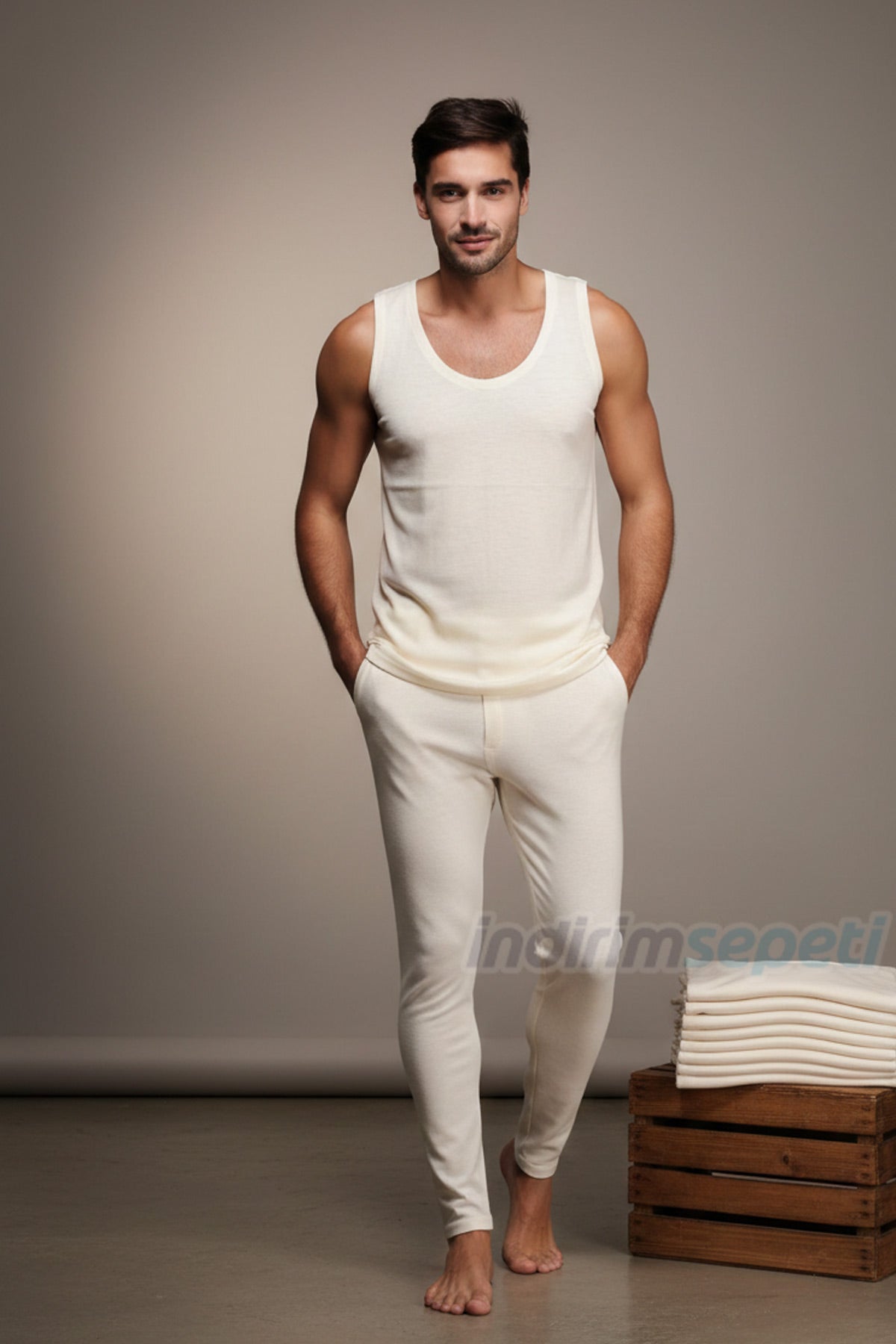 Erkek Krem Yün Atlet – %75 Yün %25 Akrilik, 4 Mevsim Nefes Alan Rahat içlik Fanila