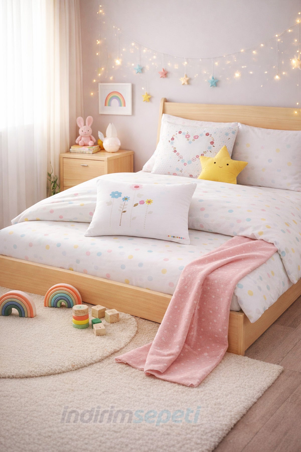 Çiçek Kalpli Çocuk Yastık Kılıfı 47x36 cm | %100 Pamuklu, Çift Yön Desenli – 2 Adet