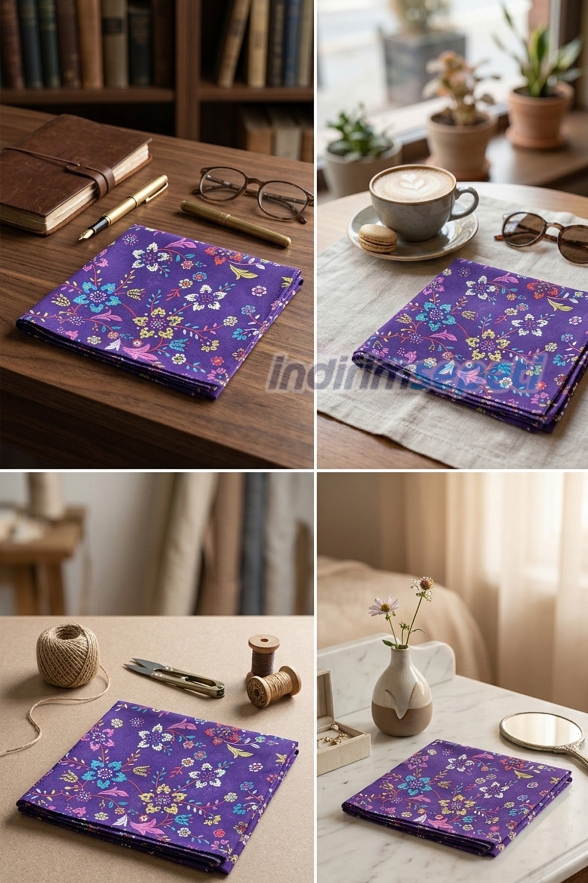 Mor Çiçek Desenli Pamuklu Bandana 52x52 cm – Çok Amaçlı Şık Fular & Saç Bandı Aksesuar - indirimsepeti