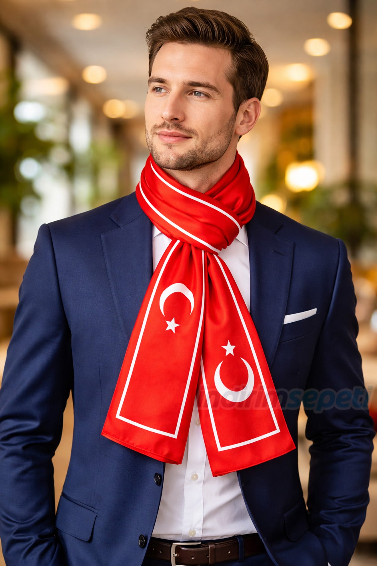 Ay Yıldızlı Desen Premium Saten Fular – 30x140 cm | Resmi Organizasyon Kurumsal Tören Stil