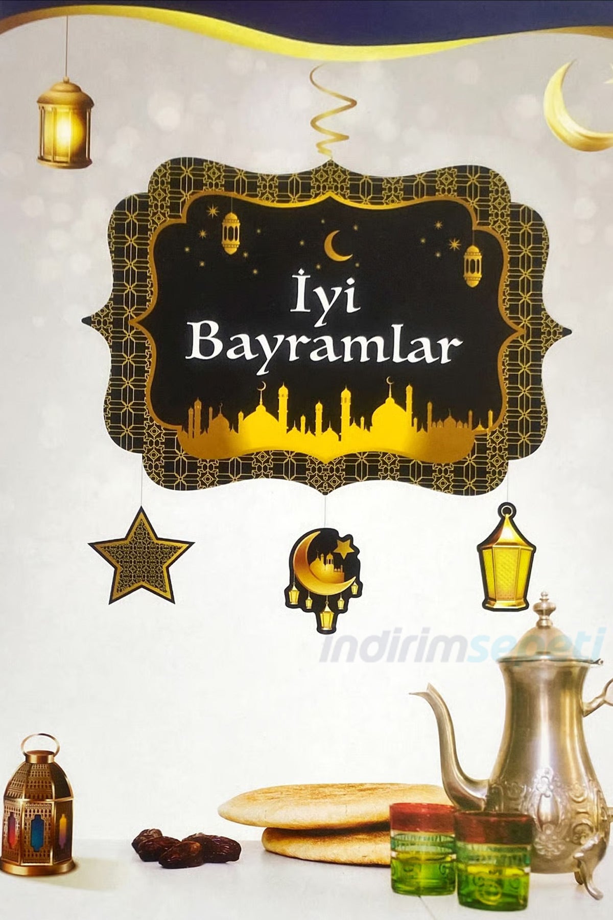 İyi Bayramlar Asmalı Tavan Süs Seti – 4 Adet Tavan Süs + Spiral – Çift Taraf Baskılı Bayram Dekoru