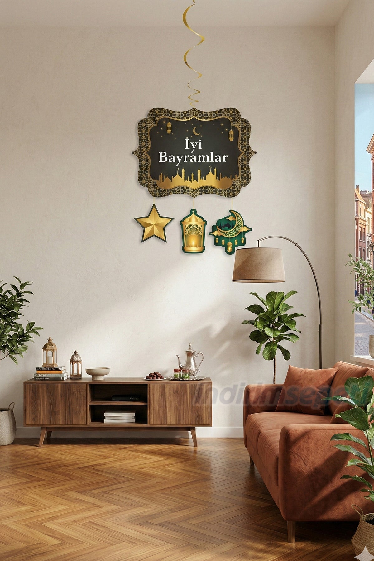 İyi Bayramlar Asmalı Tavan Süs Seti – 4 Adet Tavan Süs + Spiral – Çift Taraf Baskılı Bayram Dekoru