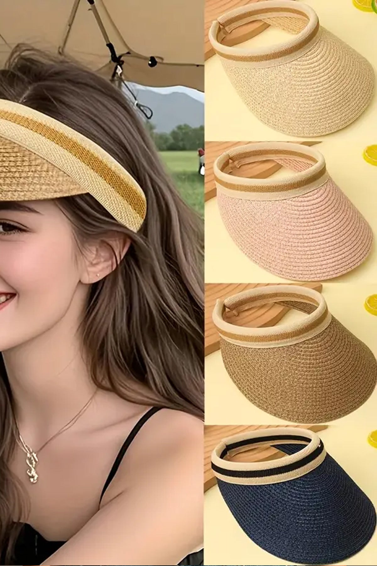 Hasır Şapka Taç Tipi Güneş Vizörü Özel Hafif ve Şık Plaj Vizörü Hasır Siperlik Farklı Model Renk - Indirimsepeti