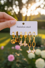 Kalpli Kelebek Figürlü Gold Çelik Küpe Seti | 6’lı Stainless Steel - indirimsepeti