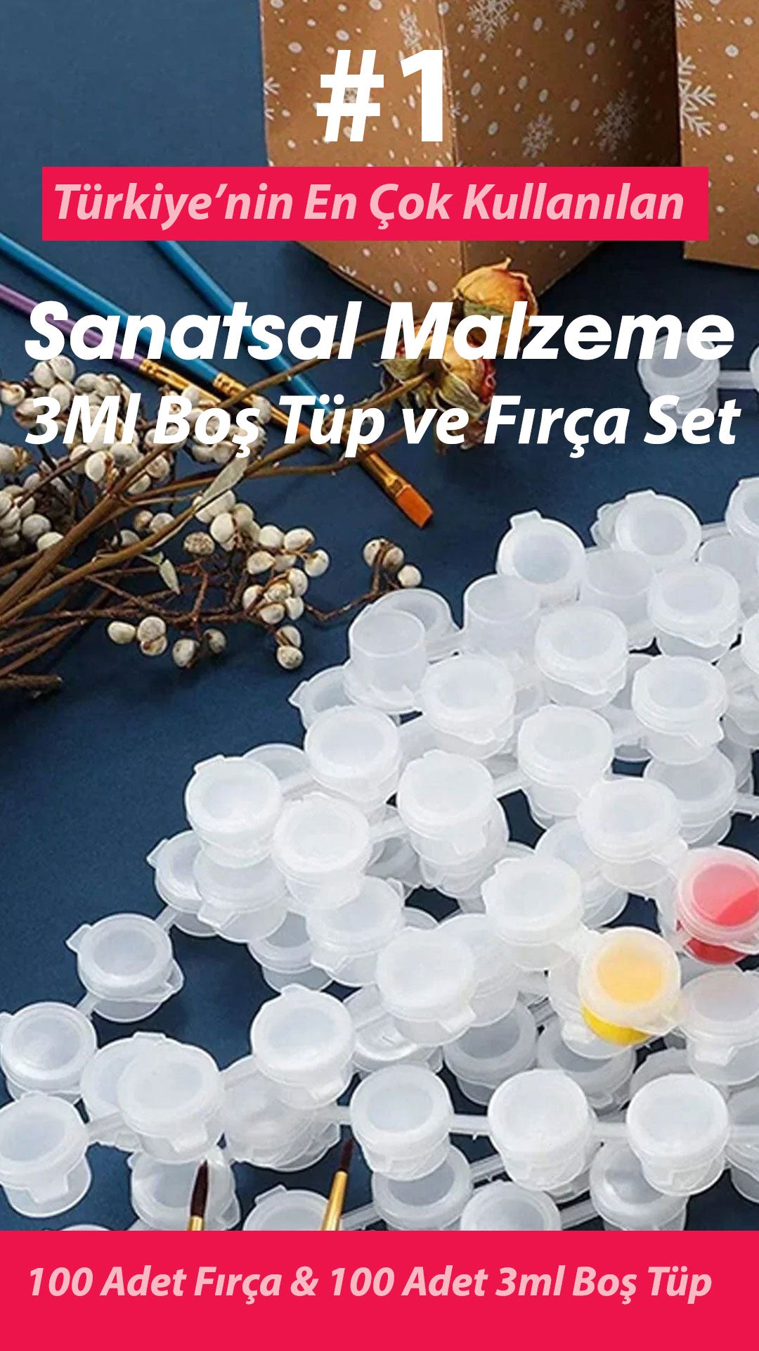 Boyama Başlangıç Seti 100’lü 3ml Boya Kutusu + 100’lü Fırça Okul Atölye Eğitim Seti