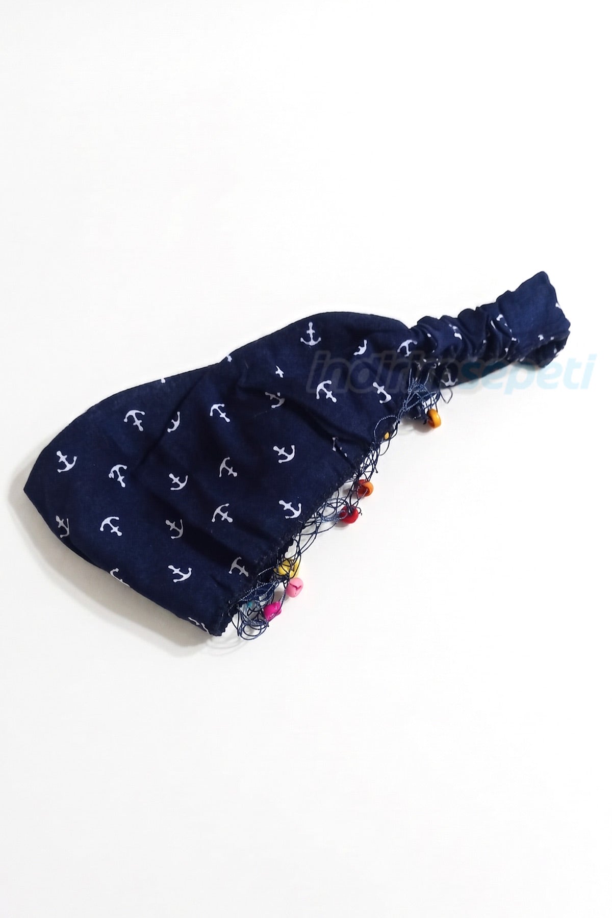 Lacivert Çapa Desenli Lastikli Bandana | Pamuklu Kumaş Elle Dikilmiş Boncuk Detaylı Saç Band - indirimsepeti