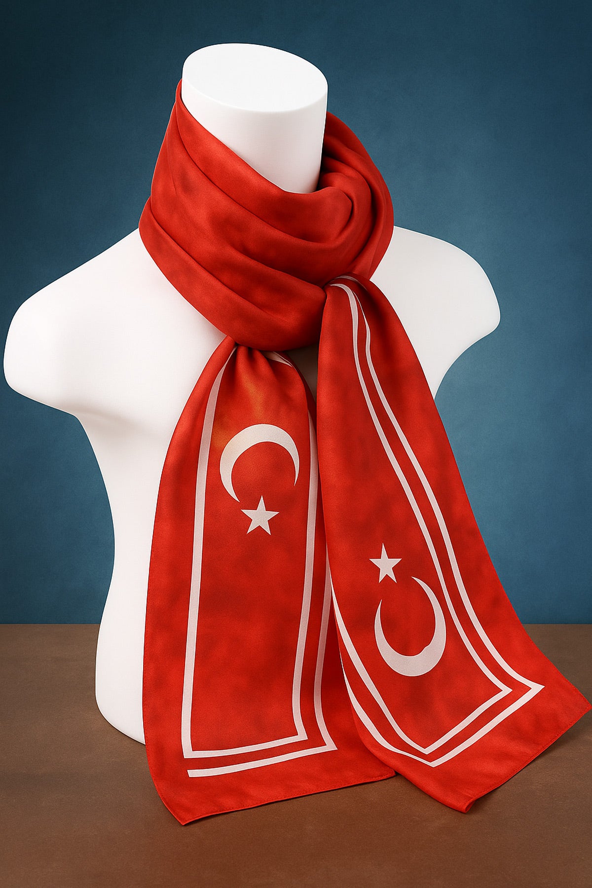 Ay Yıldızlı Bulutlu Desen Premium Saten Fular – 30x140 cm | Resmi Organizasyon Kurumsal Tören Stil