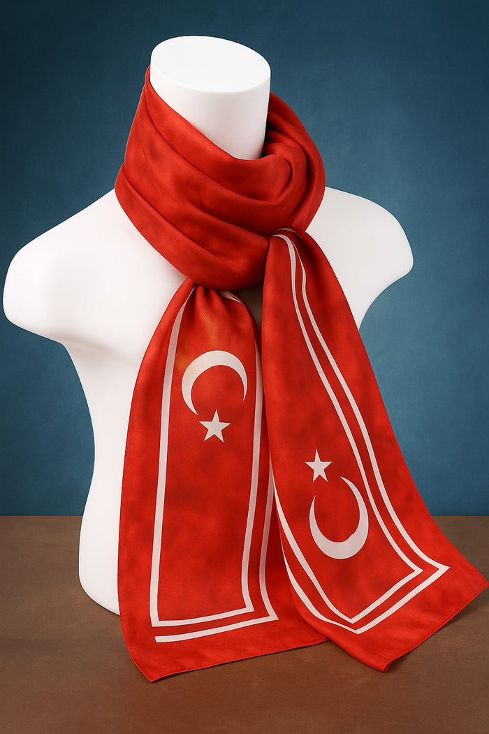 Ay Yıldızlı Bulutlu Desen Premium Saten Fular – 30x140 cm | Resmi Organizasyon Kurumsal Tören Stil