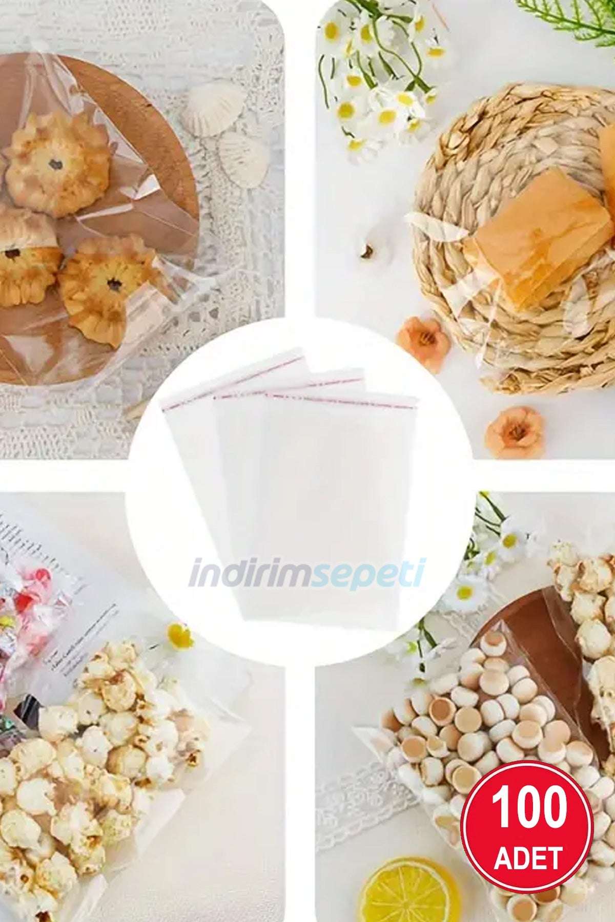 100 Adet 10x14 Cm Bantlı Şeffaf Opp Jelatin Poşet, Kurabiye Poşeti - indirimsepeti