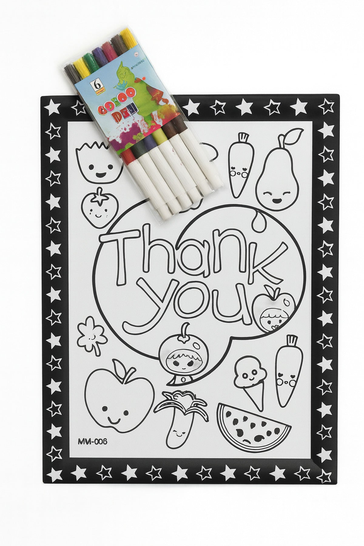 Kabartmalı Boyama Seti PVC Kaplama  “Thank You” Temalı Meyve ve Sebze Karakterli Çocuk Aktivite Seti + 6 Renkli Keçeli Kalem