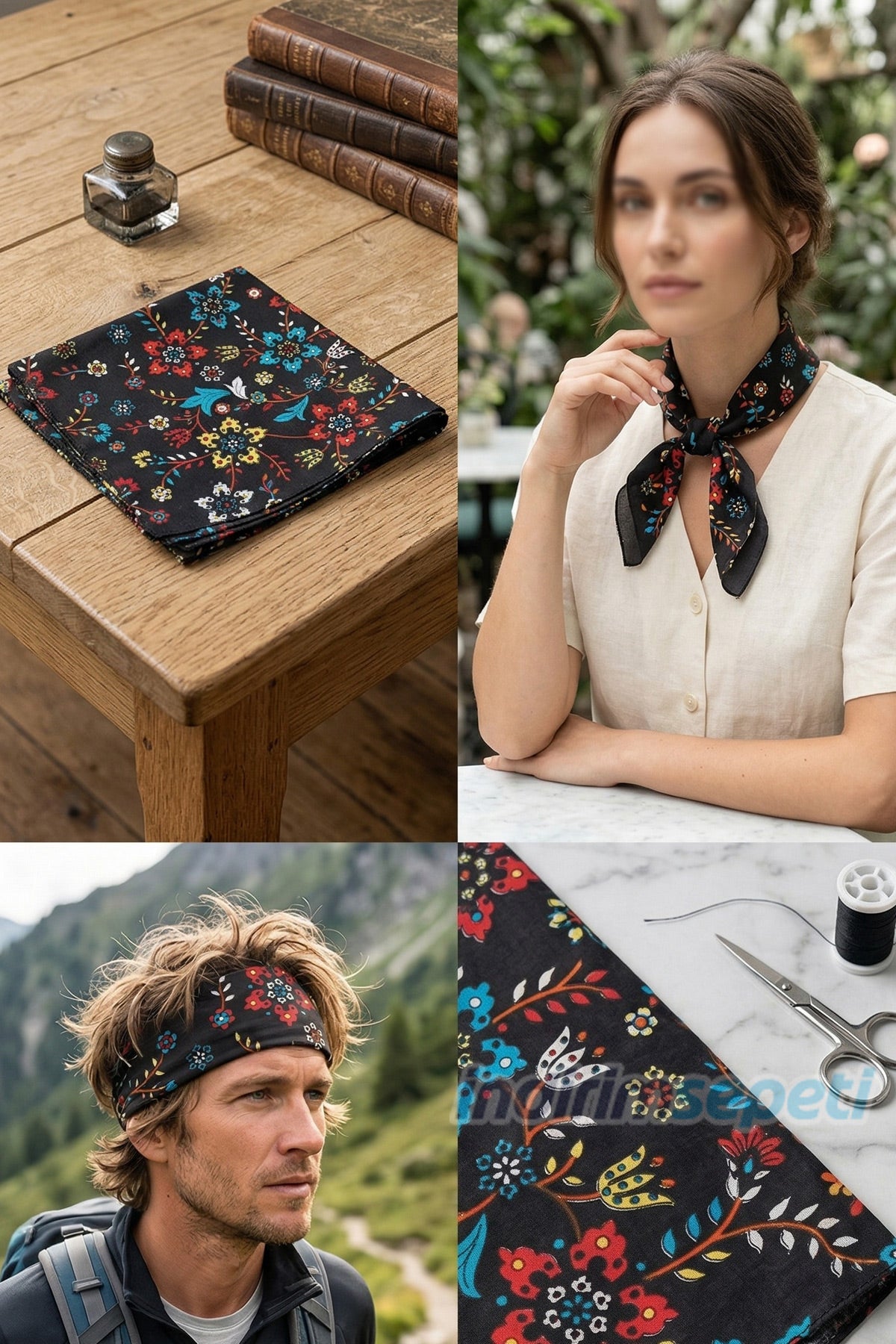 Siyah Çiçek Desenli Pamuklu Bandana 52x52 cm – Çok Amaçlı Şık Fular & Saç Bandı Aksesuar - indirimsepeti